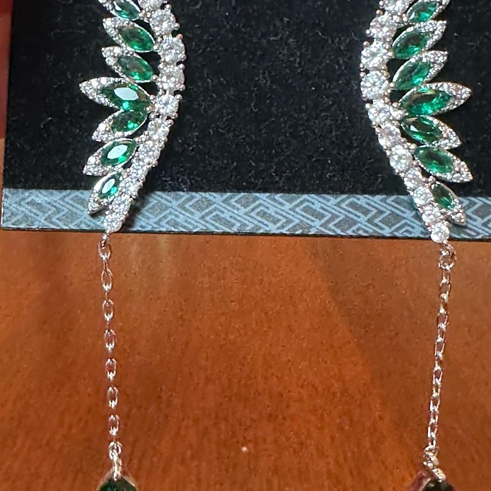 Emerald Green Rhinestone Drop Earrings | Elegant Statement Jewelry - Picture 6 of 6